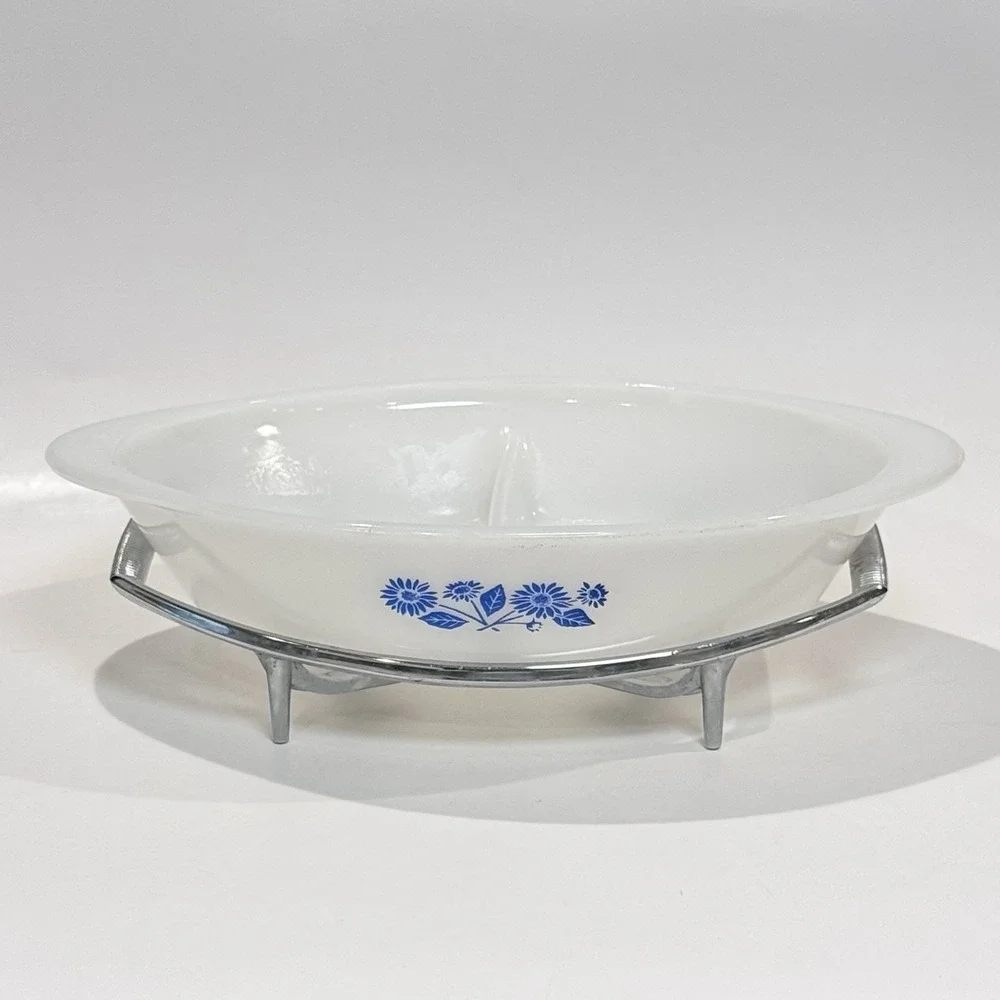 Vintage Glasbake Milk Glass Dish‎ w Blue Flower & Corning Ware Silver Stand